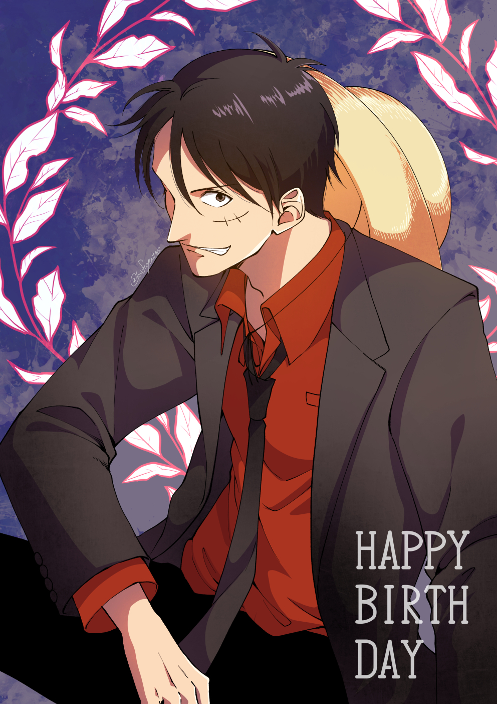 1boy, black_hair, black_jacket, black_necktie, black_pants, collared_shirt, commentary_request, happy_birthday