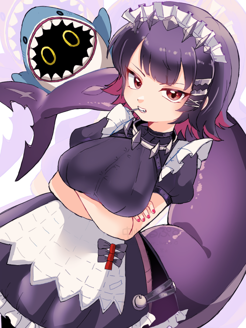 1girl, apron, arms_under_breasts, black_dress, black_hair, breasts, candy, collar