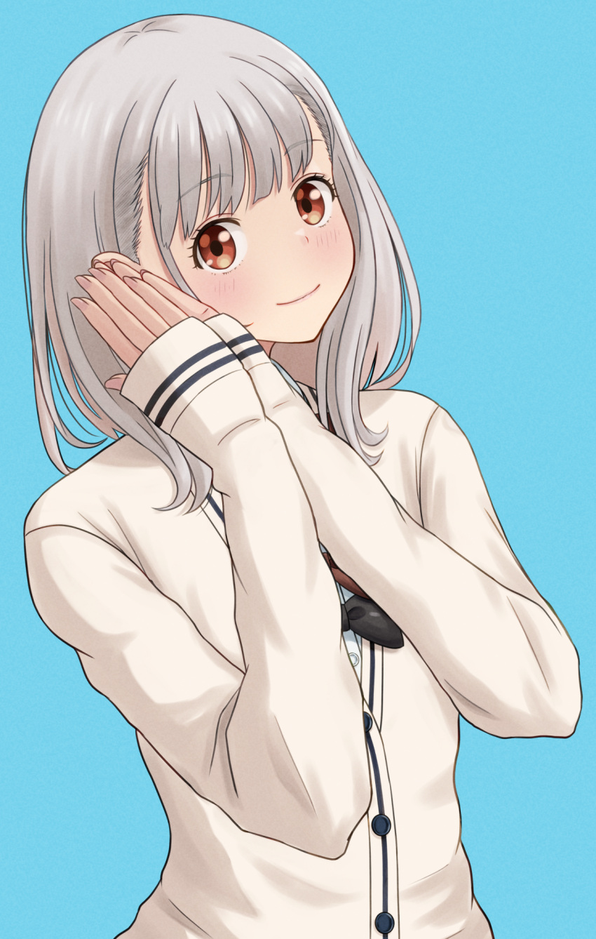 1girl, black_bow, blue_background, bow, brown_eyes, grey_hair, hands_up, highres