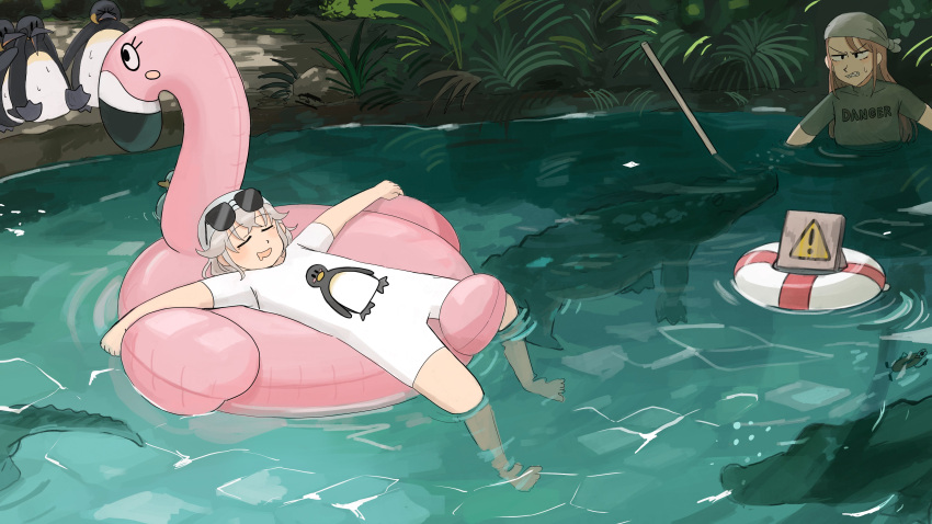 >_<, 2girls, :d, absurdres, bird, bodysuit, brown_hair, closed_eyes, crocodile, crocodile_keeper_(diva), crocodilian, diva_(hyxpk), diving_suit, doughnut_stamp, drooling, duck, english_commentary, eyewear_on_head, grey_hair, highres, inflatable_flamingo, king_penguin, lifebuoy, long_hair, mouth_drool, multiple_girls, nervous_sweating, no_headwear, penguin, penguin_keeper_(diva), penguin_print, pond, sharp_teeth, short_hair, smile, sunglasses, sweat, swim_ring, teeth, water, wetsuit, white_wetsuit, zoo, zookeeper, zookeepers_(diva)