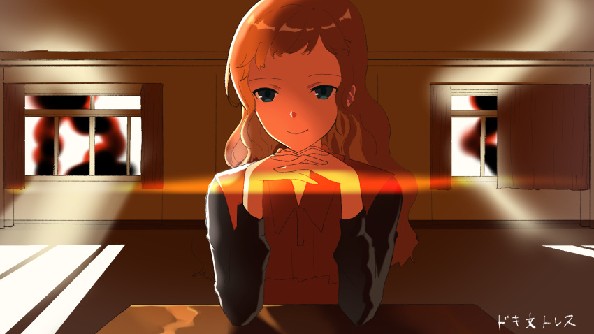 1girl, brown_hair, closed_mouth, curtains, desk, doki_doki_literature_club, gnosia, highres