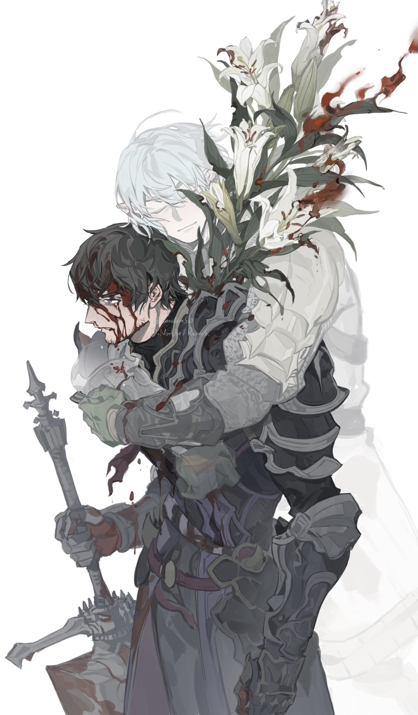 2boys, absurdres, adventurer_(ff14), armor, beard_stubble, black_hair, bleeding, bleeding_from_forehead, blood, blood_on_face, breastplate, closed_eyes, cowboy_shot, dark_knight_(final_fantasy), elezen, elf, facial_hair, fading, final_fantasy, final_fantasy_xiv, flower, from_side, gauntlets, ghost, greatsword, haurchefant_greystone, highres, holding, holding_sword, holding_weapon, hug, hug_from_behind, hyur, lenereco, lily_(flower), male_focus, multiple_boys, pauldrons, pointy_ears, short_hair, shoulder_armor, simple_background, standing, stubble, sword, warrior_of_light_(ff14), weapon, white_background, white_hair