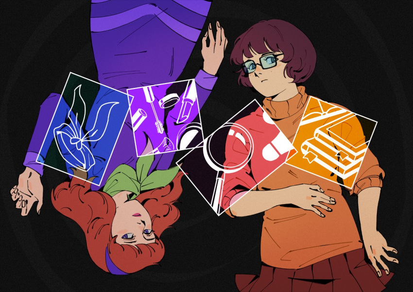 2girls, black_background, blunt_bangs, brown_hair, brown_skirt, closed_mouth, couple, daphne_ann_blake, dress, glasses, hand_up, headband, long_hair, long_sleeves, looking_at_viewer, looking_to_the_side, multiple_girls, neckerchief, officeanomaly, orange_hair, orange_sweater, pink_lips, purple_dress, purple_headband, scooby-doo, scooby-doo!_mystery_incorporated, short_bangs, short_hair, simple_background, skirt, sleeves_rolled_up, sweater, upside-down, velma_dace_dinkley, violet_eyes, yuri