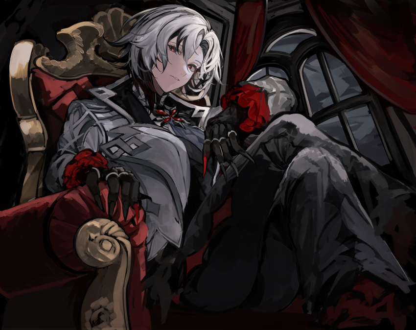 1girl, absurdres, arlecchino_(genshin_impact), black_eyes, black_hair, black_pants, black_skin, breasts
