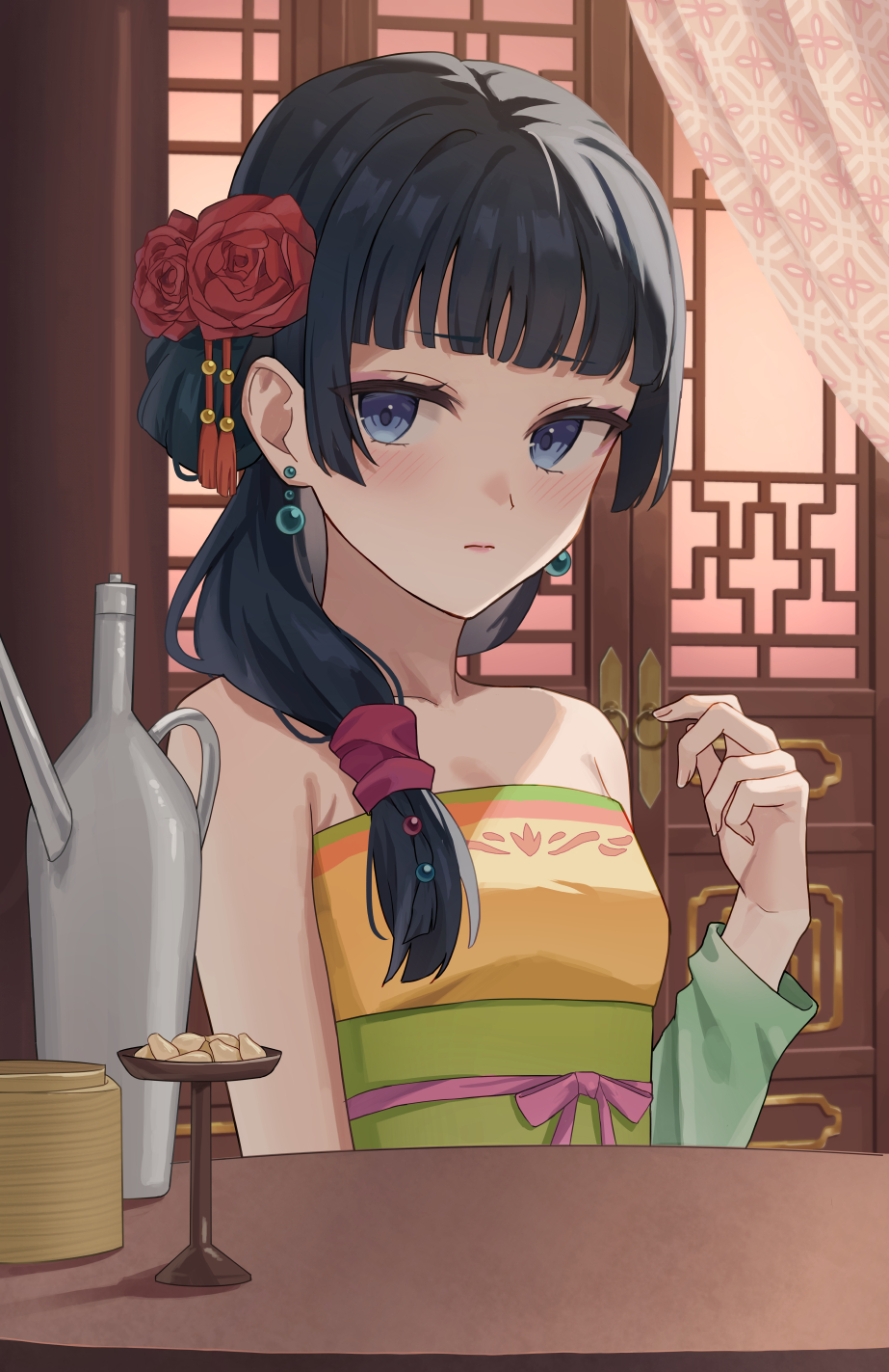 bare_arms, bare_shoulders, blue_eyes, blush, breasts, chinese_clothes, closed_mouth, collarbone