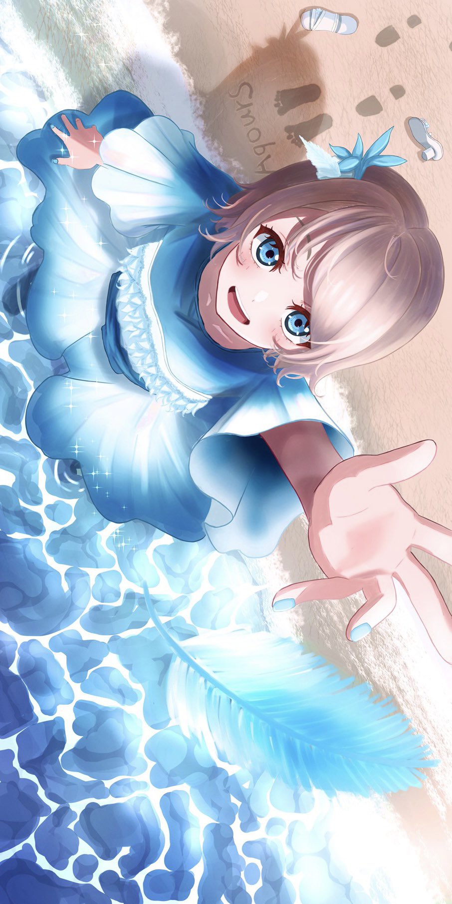 1girl, arm_up, beach, blue_eyes, brown_hair, dress, feathers, flower