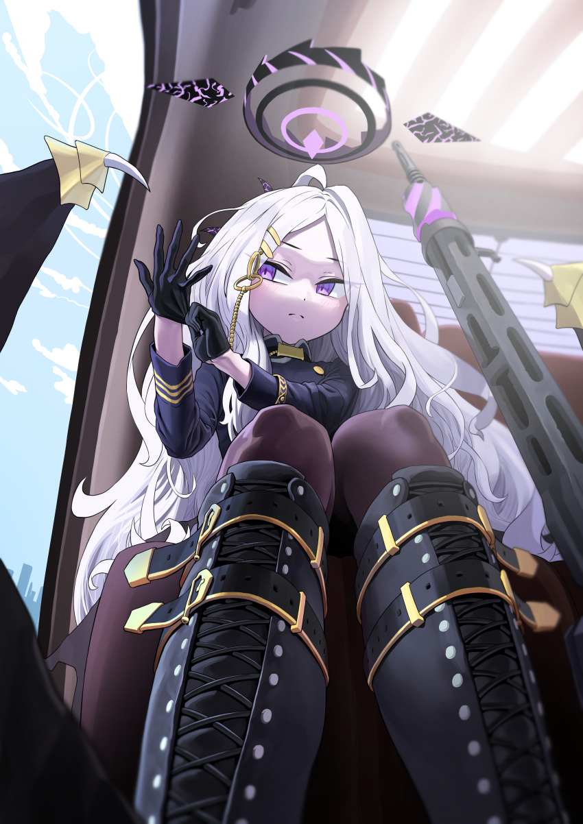 1girl, absurdres, adjusting_clothes, adjusting_gloves, ahoge, belt_boots, black_thighhighs, blue_archive
