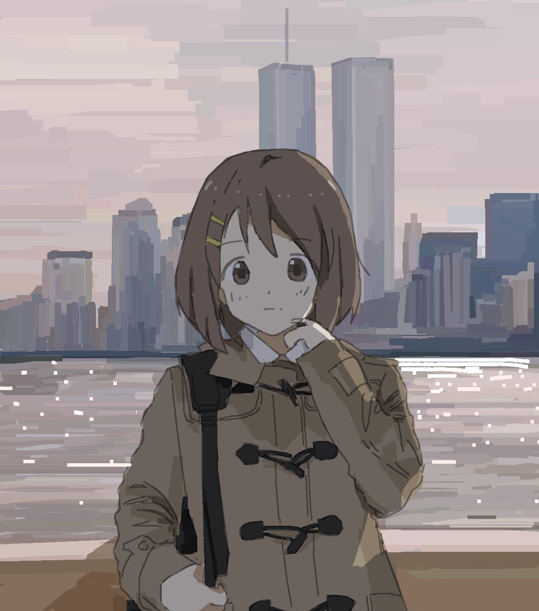 1girl, brown_coat, brown_eyes, brown_hair, closed_mouth, coat, duffel_coat, hair_ornament, hairclip, hand_up, highres, hirasawa_yui, k-on!, long_sleeves, looking_at_viewer, outdoors, prasetyoadii22, short_hair, solo, world_trade_center