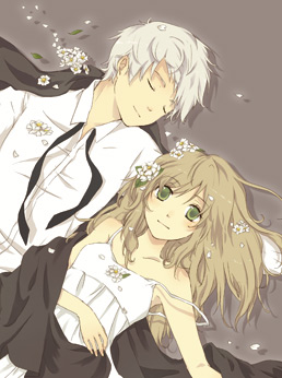 1girl, axis_powers_hetalia, brown_hair, couple, dress, flower, green_eyes, hungary_(hetalia), jouji, long_hair, lowres, lying, petals, prussia_(hetalia), silver_hair, strap_slip