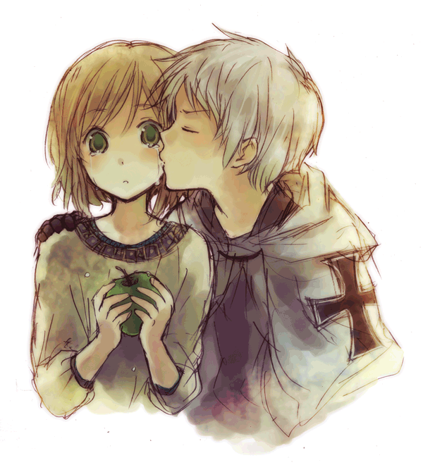 1girl, apple, axis_powers_hetalia, blush, brown_hair, cheek_kiss, child, couple, cross, food, fruit, green_eyes, hungary_(hetalia), iron_cross, jacket, jouji, kiss, prussia_(hetalia), short_hair, silver_hair, simple_background, tears