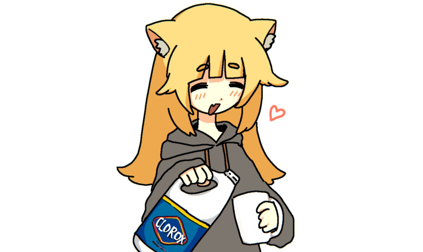 animal_ears, black_hoodie, bleach_(chemical), blonde_hair, blush, cat_ears, cat_girl, clorox