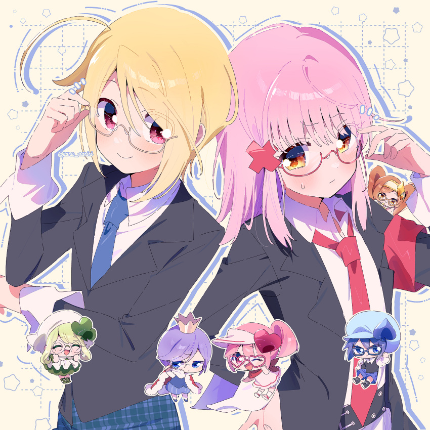 2boys, 5girls, ^_^, adjusting_eyewear, ahoge, apron, armband, belt