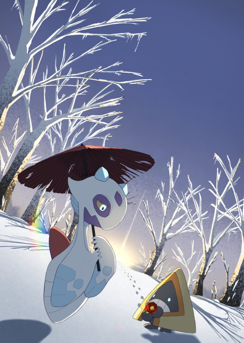 1girl, back_bow, bare_tree, black_skin, blue_eyes, bow, clenched_teeth, closed_eyes