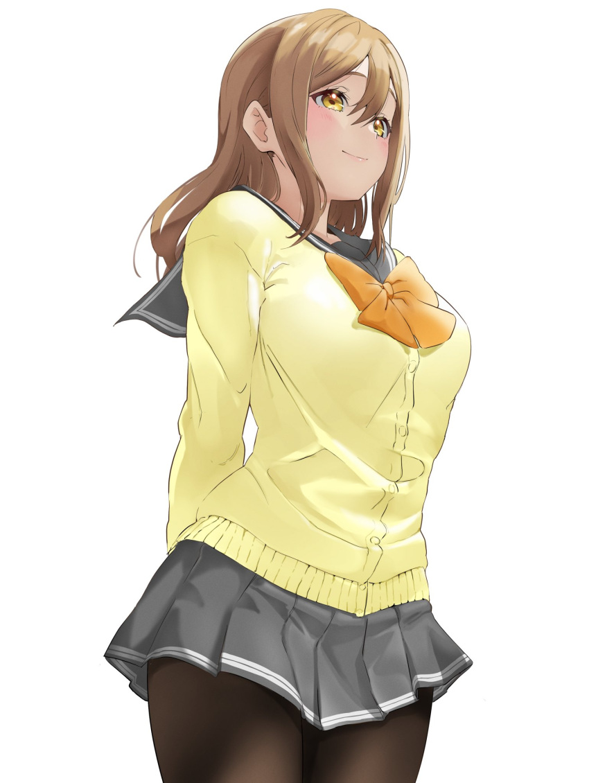 1girl, arms_behind_back, blush, bow, bowtie, breasts, brown_hair, cardigan