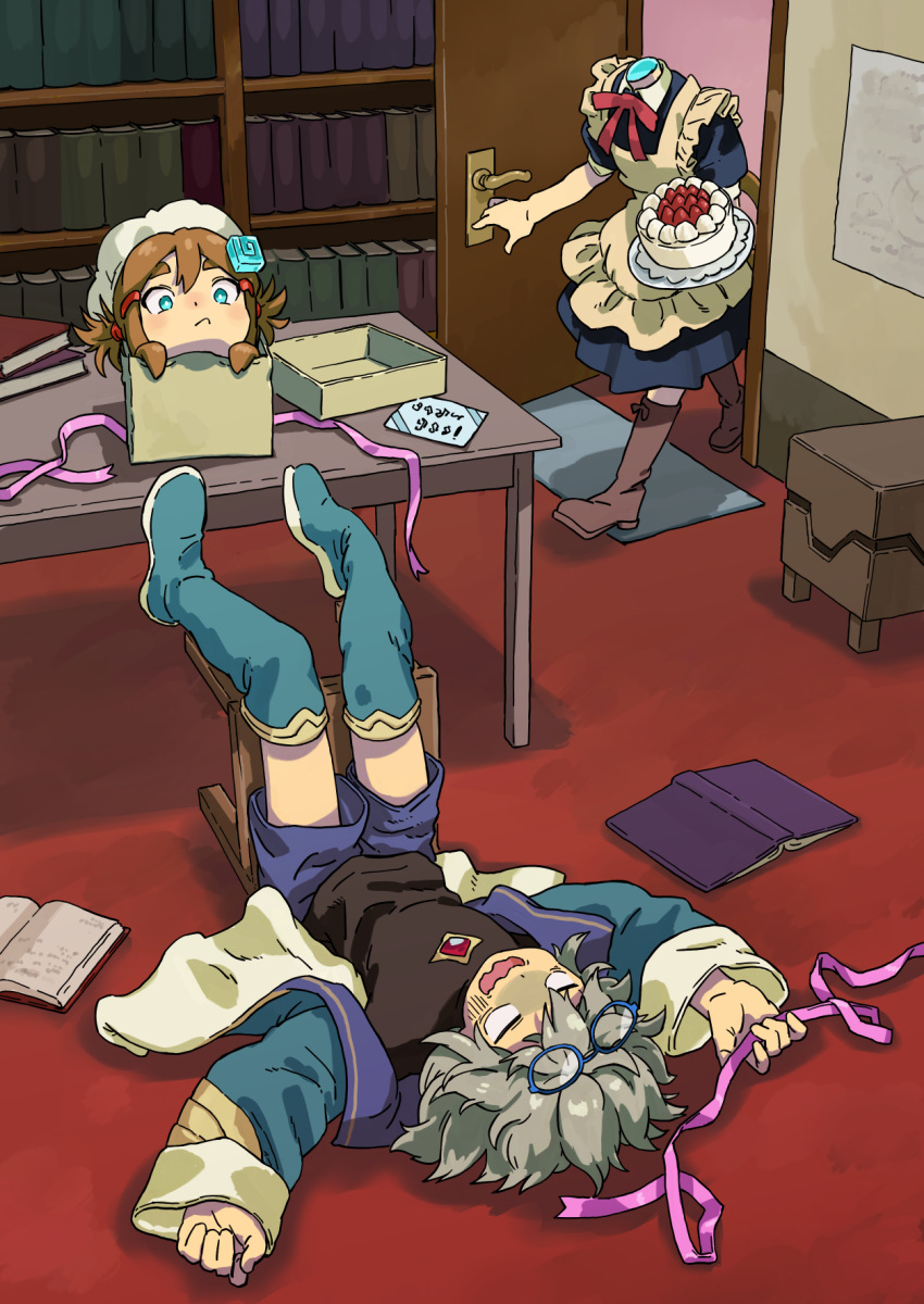 1boy, 1girl, apron, black_shirt, blank_eyes, blue_eyes, blue_shorts, blush