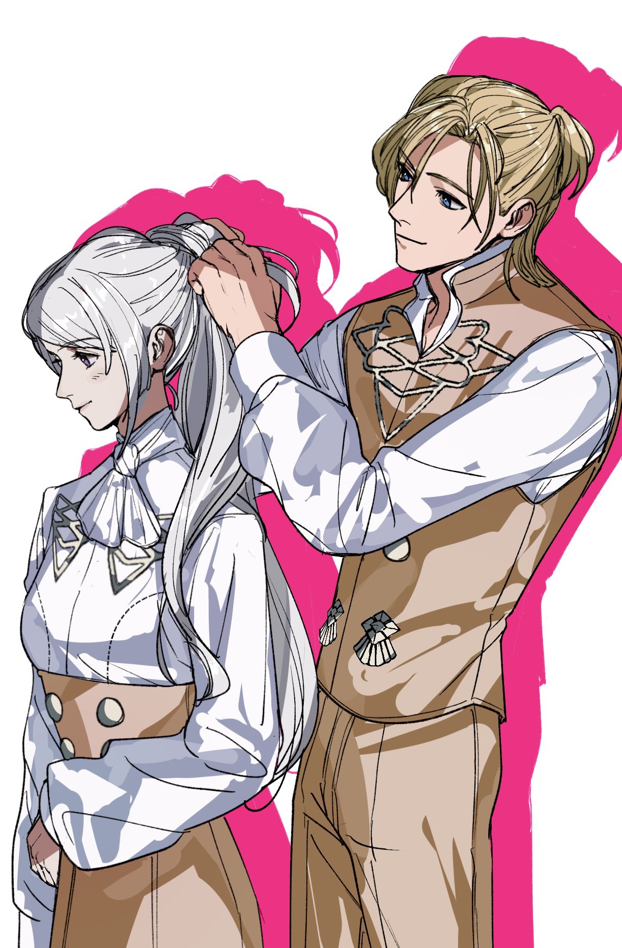 1boy, 1girl, amikoiiko, ascot, blonde_hair, blue_eyes, brown_pants, brown_vest