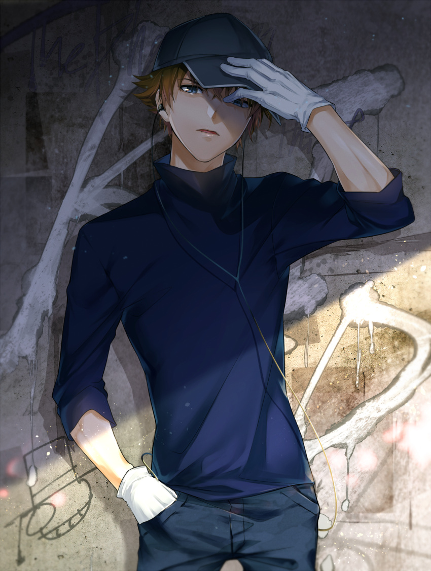 1boy, baseball_cap, blue_eyes, blue_pants, blue_shirt, brown_hair, commentary_request, cowboy_shot