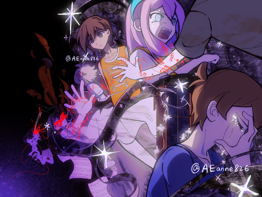 2girls, 5boys, aeanne, artist_name, aubrey_(faraway)_(omori), aubrey_(omori), basil_(faraway)_(omori), basil_(omori)