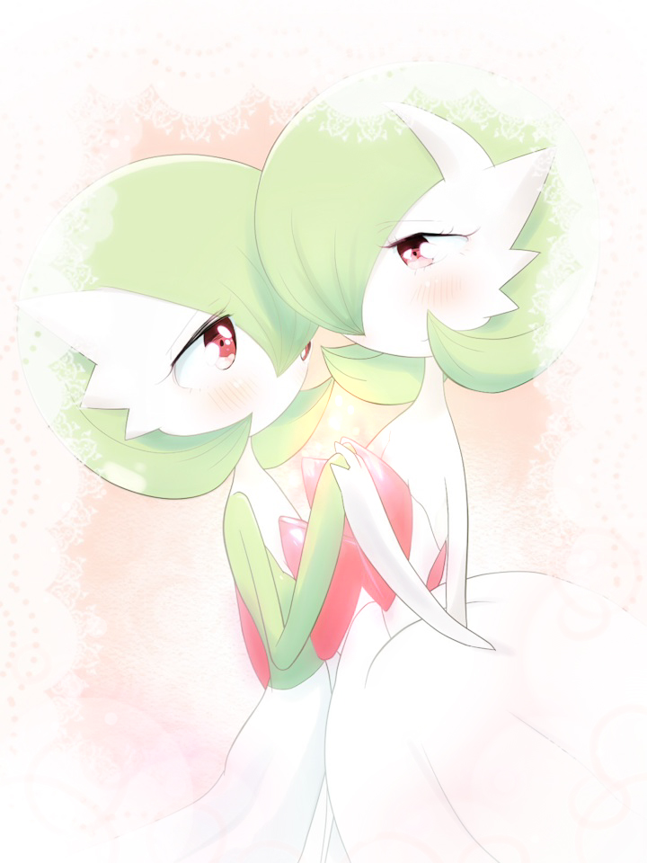 blush, bob_cut, bobo_(bobo_77s), colored_skin, dress, elbow_gloves, eye_contact, gardevoir