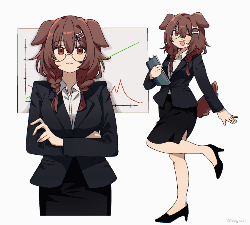 1girl, :3, ;d, alternate_costume, animal_ears, bespectacled, black_footwear, black_jacket