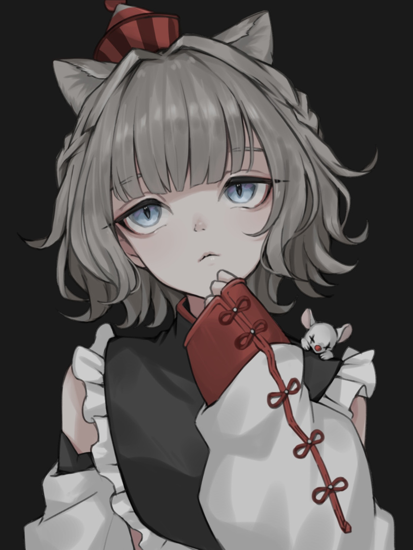 1girl, animal_ears, black_background, black_shirt, blue_eyes, blunt_bangs, cat_ears, cat_girl