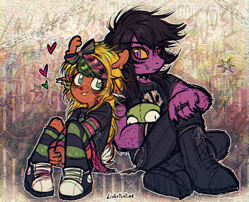 1boy, 2girls, alien, animal_ears, antlers, blonde_hair, colored_skin, crossover