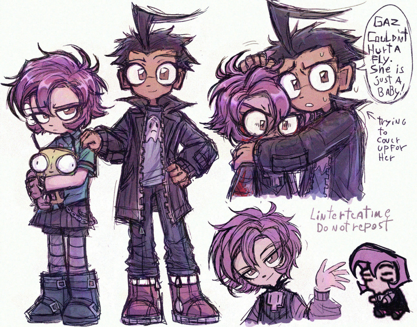 1girl, 2boys, alien, black_hair, breasts, colored_skin, dib_(invader_zim), english_text