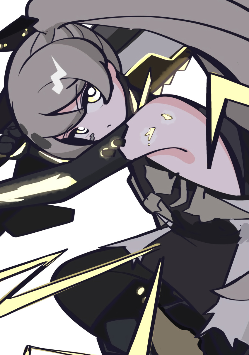 1girl, absurdres, bare_shoulders, chainsword, cracked_skin, dress, grey_dress, grey_hair