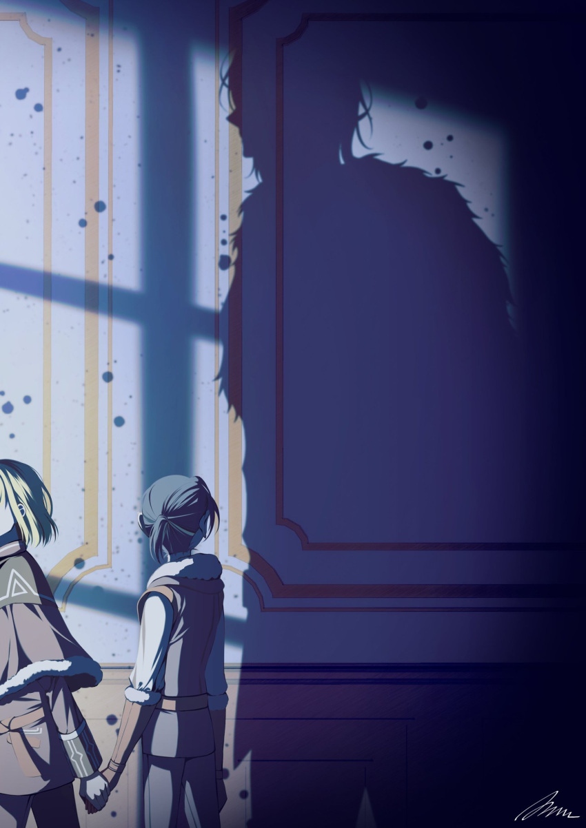 2boys, a_(asan_a_aa), aged_down, belt, blonde_hair, blue_hair, blue_shawl, blue_tunic