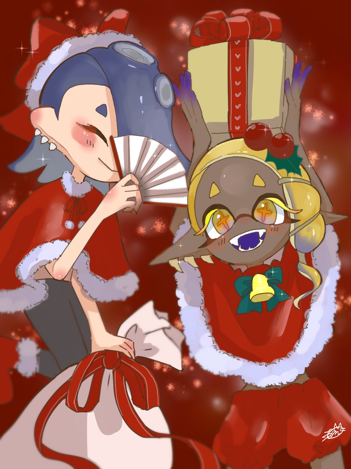 2girls, box, capelet, christmas, christmas_ornaments, dark-skinned_female, dark_skin, frye_(splatoon), fur-trimmed_capelet, fur_trim, gift, gift_box, hand_fan, highres, holding, holding_fan, holding_sack, holly, looking_at_viewer, merry_christmas, multiple_girls, poncho, sack, shiver_(splatoon), splatoon_(series), splatoon_3, zzzrm5x