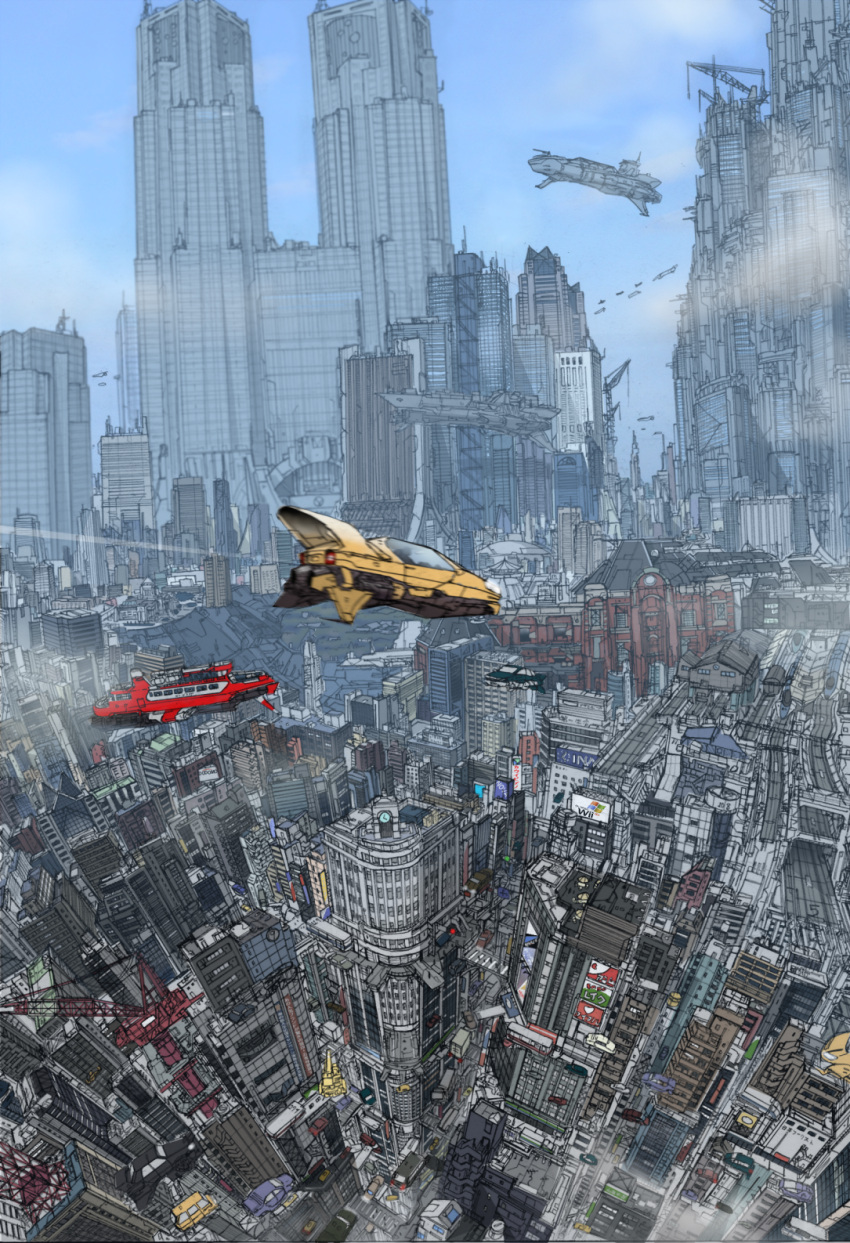 building, city, cityscape, crane, fisheye, highres, midorimushi-kai, scenery