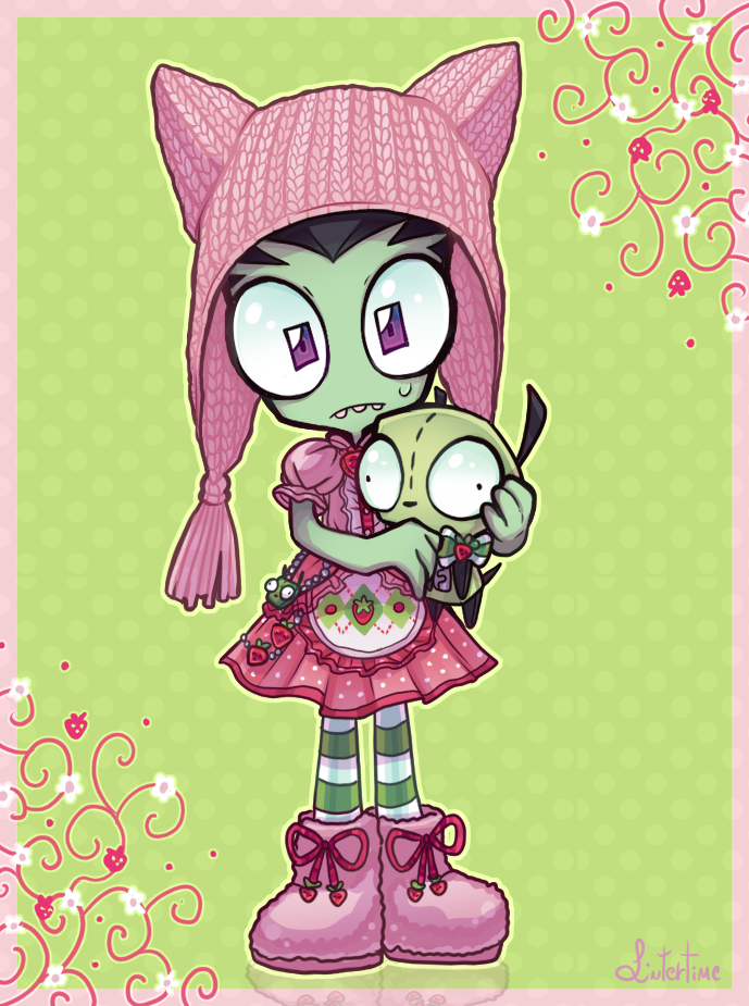 alien, black_hair, boots, cake, colored_skin, cosplay, crossdressing, food