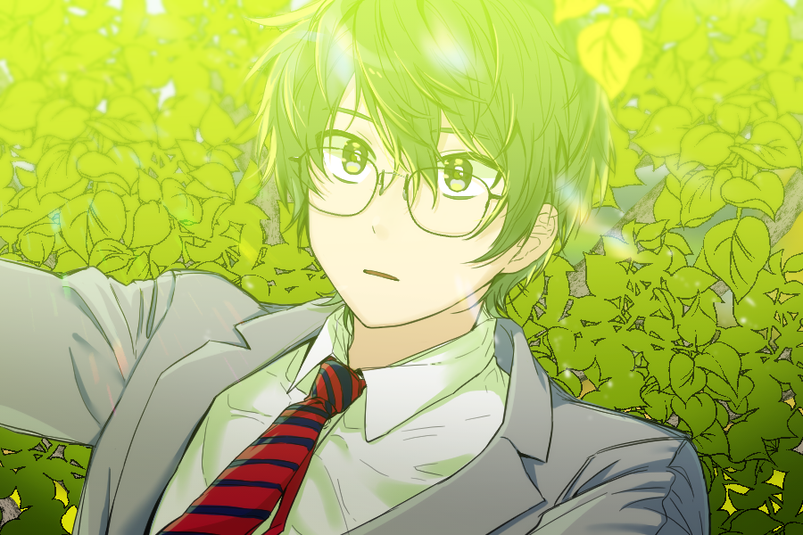 1boy, collared_shirt, diagonal-striped_clothes, diagonal-striped_necktie, glasses, green_eyes, green_hair, grey_jacket