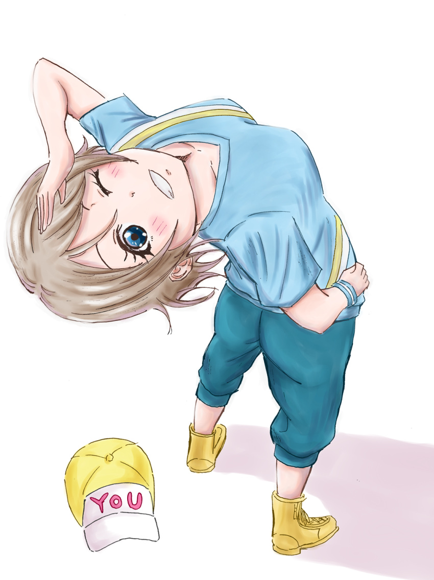 arm_up, ass, baseball_cap, blush, breasts, from_behind, hat, highres