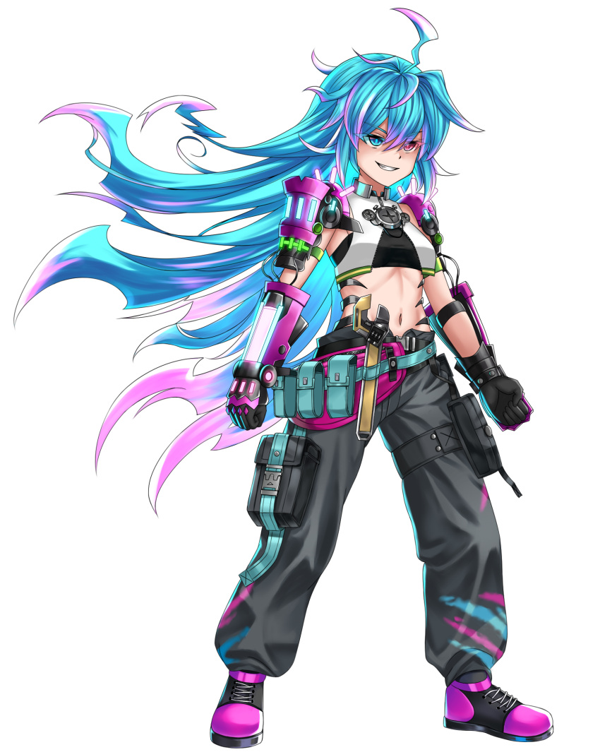 1girl, abs, armor, baggy_pants, belt, blue_eyes, blue_hair, breasts