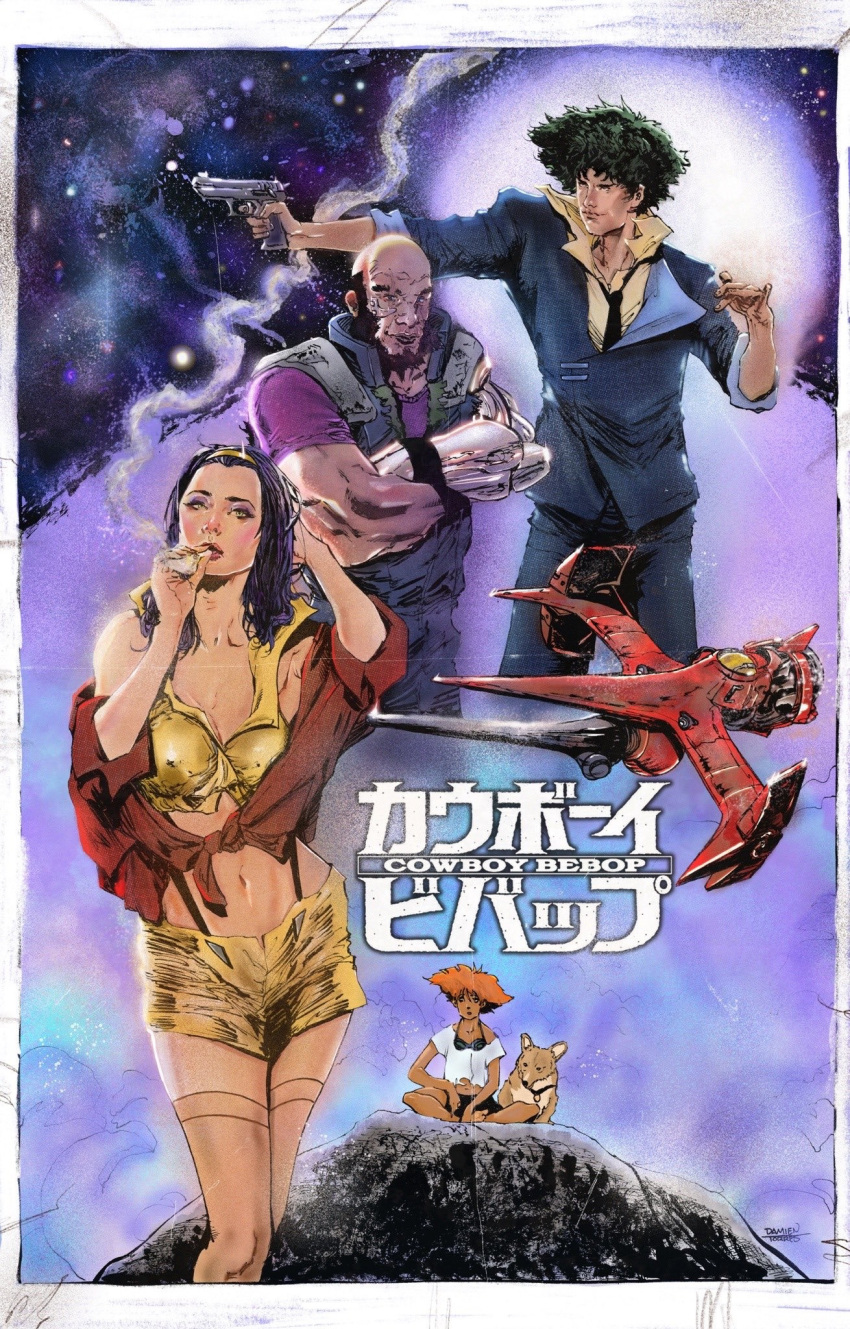 2boys, 2girls, animal, copyright_name, cowboy_bebop, crossed_arms, damien_torres, edward_wong_hau_pepelu_tivrusky_iv, ein_(cowboy_bebop), faye_valentine, gun, handgun, highres, hill, holding, holding_gun, holding_weapon, iwi_jericho_941, jet_black, multiple_boys, multiple_girls, poster_(medium), shorts, space, spacecraft, spike_spiegel, tank_top, weapon, yellow_shorts