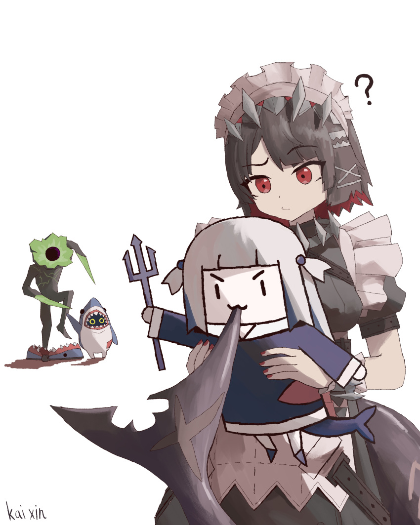 2girls, absurdres, bangboo_(zenless_zone_zero), black_hair, blue_sweater, blunt_bangs, bracelet, chibi