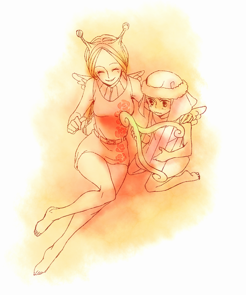 2girls, aisa_(one_piece), akizuki_hakuto, antenna_hair, belt, braided_twintails, child, closed_eyes, commentary_request, conis_(one_piece), dress, floral_print_dress, full_body, hand_on_another's_shoulder, harp, hat, holding, holding_instrument, instrument, multiple_girls, one_piece, sleeveless, sleeveless_dress, wings, zipper