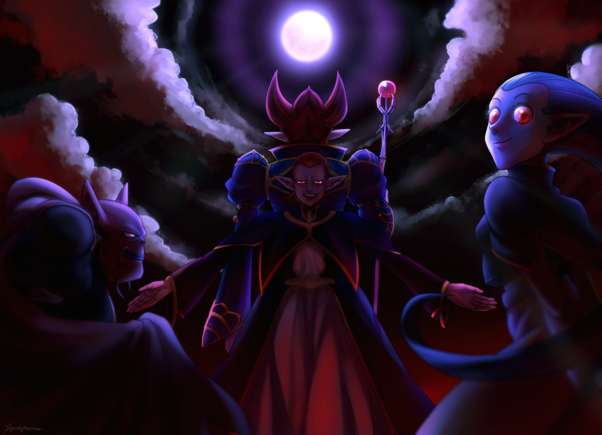 1girl, 3boys, aqua_hair, armlet, arms_behind_back, bald, blue_lips, cape, clouds, colored_skin, commentary_request, demigra, demon_boy, demon_girl, dragon_ball, dragon_ball_heroes, dual_persona, floating_hair, full_moon, glowing, glowing_eyes, gravy_(dragon_ball), hair_slicked_back, highres, jewelry, long_hair, long_sleeves, looking_at_viewer, looking_back, mage_staff, moon, multiple_boys, night, night_sky, no_eyebrows, open_mouth, outstretched_arms, pointy_ears, puffy_long_sleeves, puffy_sleeves, purple_skin, putine_(dragon_ball), red_eyes, red_skin, redhead, robe, sky, smile, teeth, wizard, yomogi_banashi