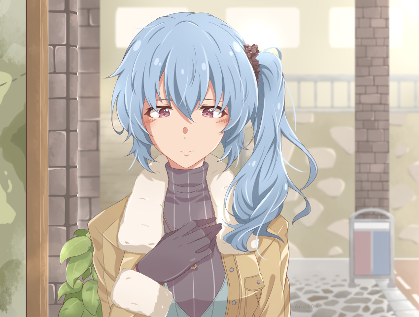 1girl, absurdres, aria_404, between_breasts, black_gloves, blue_hair, blush, breasts