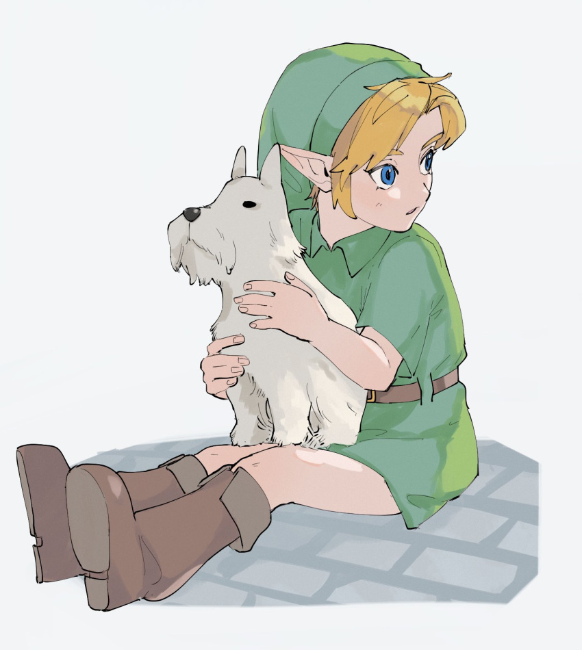 1boy, animal, belt, blonde_hair, blue_eyes, boots, brown_belt, brown_footwear