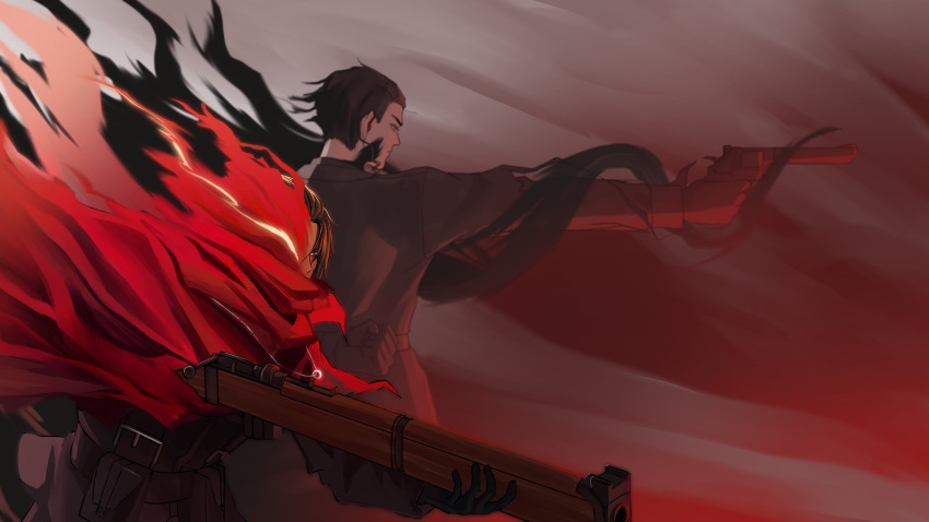 absurdres, arachnidlegs, black_hair, brown_hair, coat, dark_skin, fell_bullet_(e.g.o), grey_coat