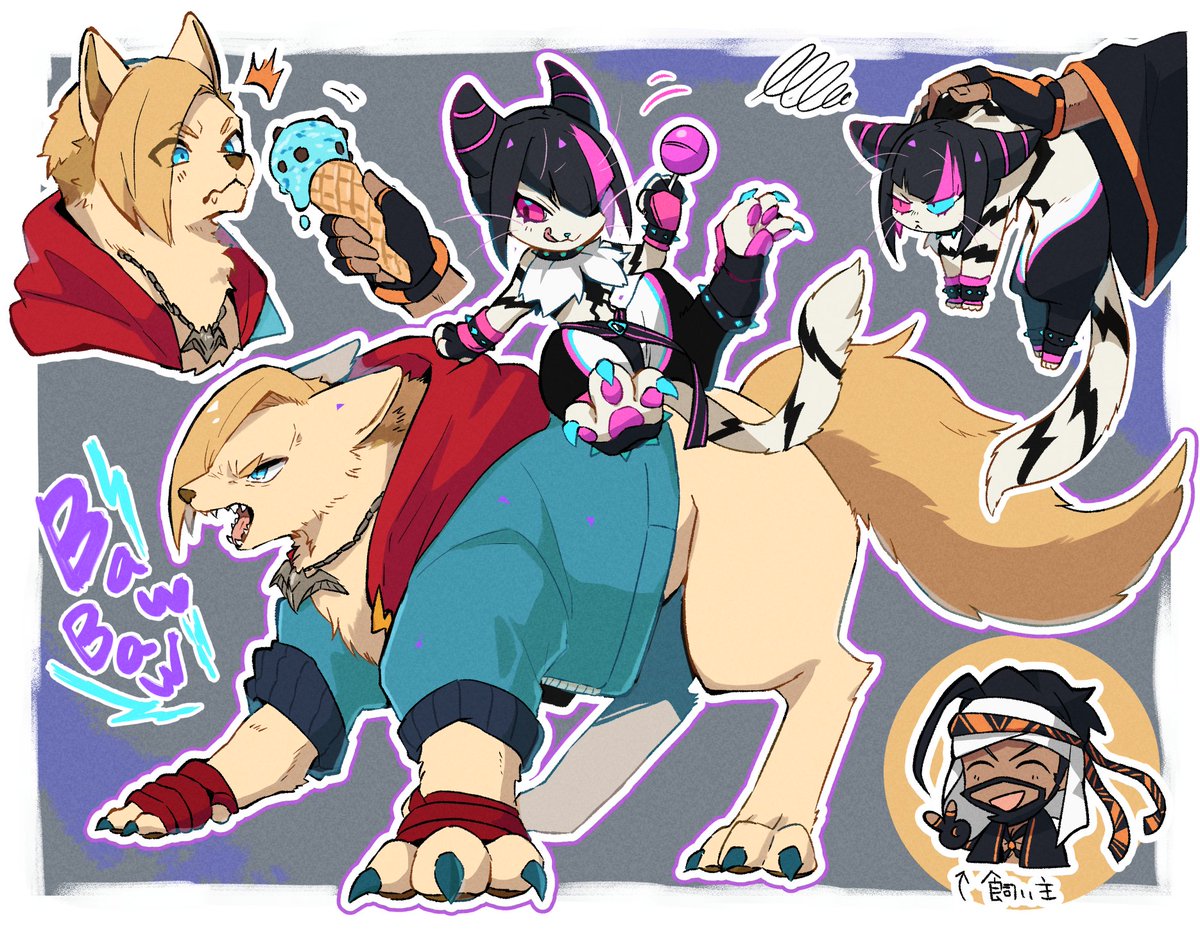 :<, :3, ^_^, animalization, baggy_pants, barking, beard, black_hair, blonde_hair, blue_eyes, blue_hoodie, border, bracelet, candy, cat, chibi, claws, closed_eyes, closed_mouth, collar, dark-skinned_male, dark_skin, disembodied_hand, dog, ed_(street_fighter), facial_hair, fingerless_gloves, food, gloves, gold_necklace, grey_background, hair_horns, hair_over_one_eye, han_juri, headband, heterochromia, holding, holding_candy, holding_food, holding_lollipop, hood, hood_down, hoodie, ice_cream, ice_cream_cone, jewelry, kabeuchi_hs, licking_lips, lollipop, long_bangs, multicolored_clothes, multicolored_gloves, multicolored_hair, multiple_views, nail_polish, narrowed_eyes, necklace, open_mouth, pants, person_and_animalization, pink_eyes, rashid_(street_fighter), red_gloves, red_hood, riding, short_sleeves, simple_background, single_bang, spiked_bracelet, spiked_collar, spikes, squiggle, standing_on_another's_back, streaked_hair, street_fighter, street_fighter_6, striped_fur, tongue, tongue_out, turban, v, white_border, white_fur, wide_sleeves, yellow_fur
