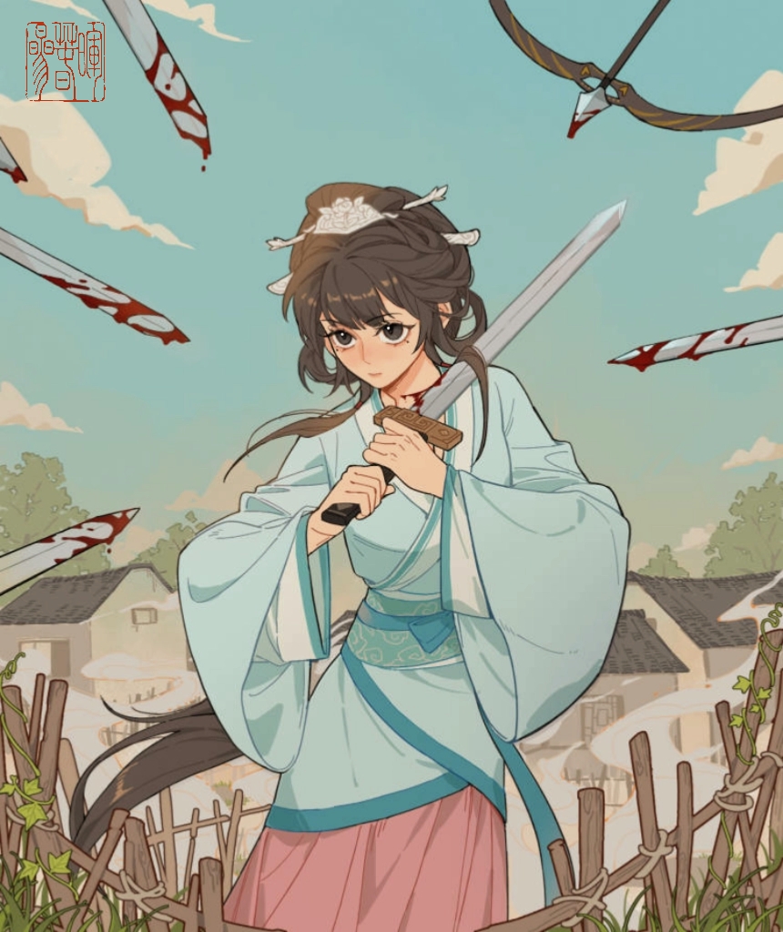 1girl, artist_name, bamboo, bleeding, blood, blood_from_mouth, blood_on_clothes, blood_on_face