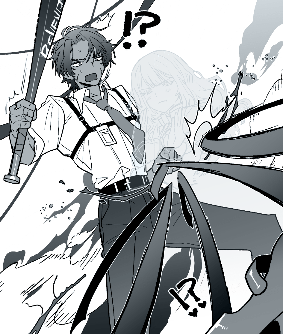 !?, baseball_bat, belt, blunt_bangs, blush, catherine_(project_moon), chest_harness, dark_skin, dress, dress_shirt, greyscale, harness, heathcliff_(project_moon), holding, holding_baseball_bat, id_card, jewelry, limbus_company, monochrome, necktie, pants, pink_shoes_(project_moon), pout, project_moon, pushing_away, ring, scar, scar_on_face, shirt, shirt_tucked_in, surprised, sweatdrop, tama_launcher, white_shirt
