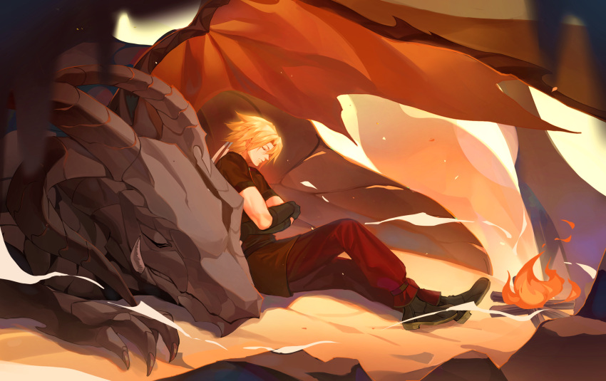 1boy, 1other, astlibra_revision, black_footwear, black_gloves, blonde_hair, brown_shirt, claws