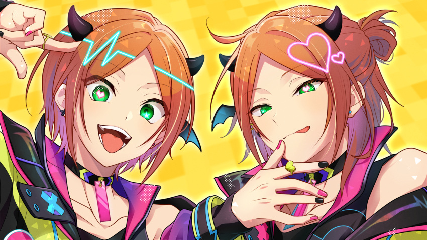 2boys, 2wink_(ensemble_stars!), :p, aoi_hinata, aoi_yuta, arm_up, black_nails, bright_pupils