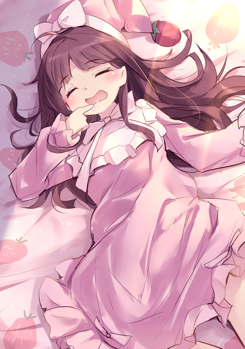 1girl, absurdres, blunt_bangs, brown_hair, closed_eyes, dreaming_nemleria, dress, drooling, duel_monster, frilled_dress, frills, hat, highres, kanzakietc, nightcap, on_bed, pajamas, pink_dress, ribbon, sleeping, solo, yu-gi-oh!
