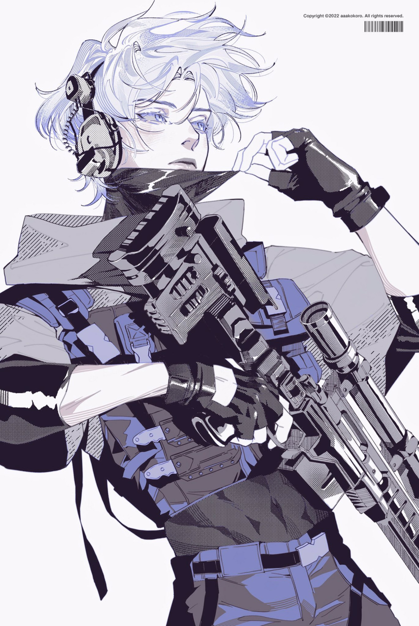 1other, 2022, aaakokoro, adjusting_clothes, artist_name, belt, copyright_notice, covered_navel, cowboy_shot, curtained_hair, dated, fingerless_gloves, glove_cutout, gloves, gun, hair_between_eyes, hand_up, highres, holding, holding_gun, holding_weapon, layered_clothes, lips, monochrome, nose, original, other_focus, pants, short_hair, simple_background, skindentation, sleeves_past_elbows, spot_color, standing, toned, unkempt, weapon, white_background, wind