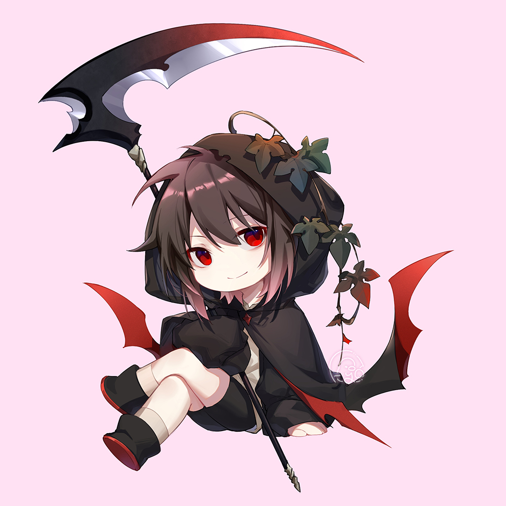 1boy, black_cape, black_footwear, black_jacket, black_shorts, brown_hair, cape, closed_mouth, commentary, english_commentary, fy_fei_xiao_ya, gradient_hair, grey_shirt, grey_socks, hair_between_eyes, halloween_costume, holding, holding_scythe, invisible_chair, jacket, long_sleeves, male_focus, medium_hair, multicolored_hair, open_clothes, open_jacket, origin_alpha, pink_background, pink_hair, red_eyes, saibou_shinkyoku, scythe, shirt, shorts, simple_background, sitting, smile, socks, solo, two-tone_hair